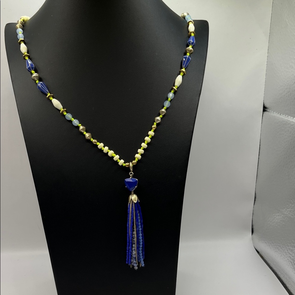 Stella & Dot Azure Blue and Gold Silver Tassel Necklace. Blue Lime green